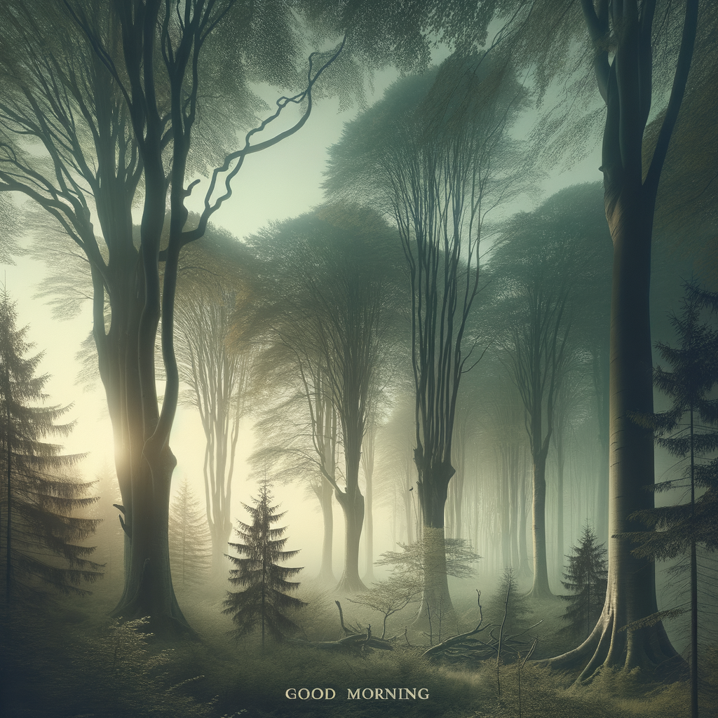 A tranquil forest at dawn with towering trees, whispering leaves, and the first light of day. This good morning image captures nature's awakening.