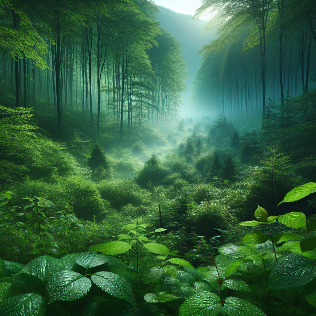 A good morning image of a verdant forest in the early morning, showcasing vibrant, dew-kissed foliage under soft morning light.