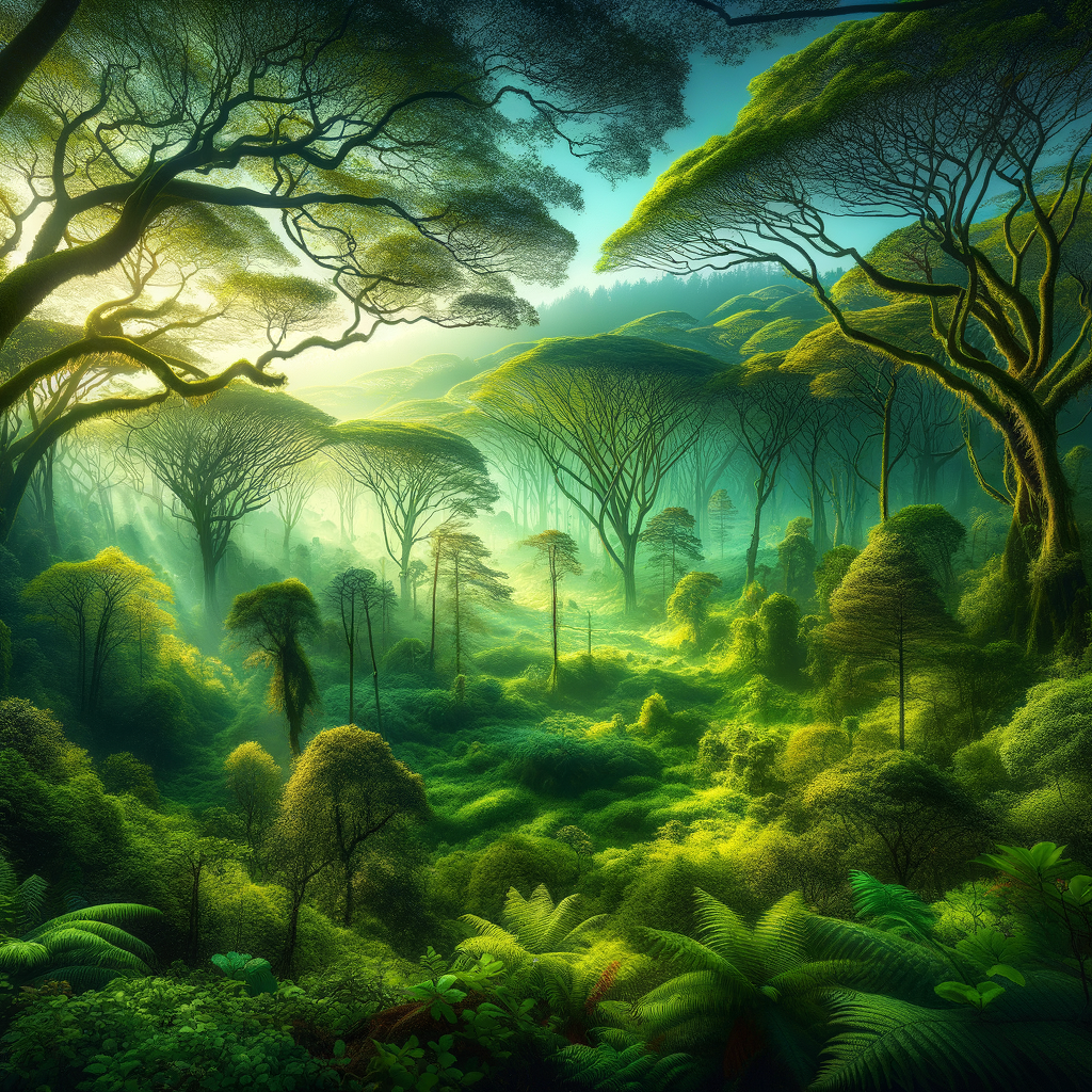 A lush forest basking in the soft glow of dawn, evoking peace and freshness, good morning image.