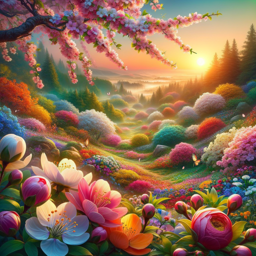 An array of flourishing flowers bathed in sunrise light, blossoming in a vibrant good morning image.