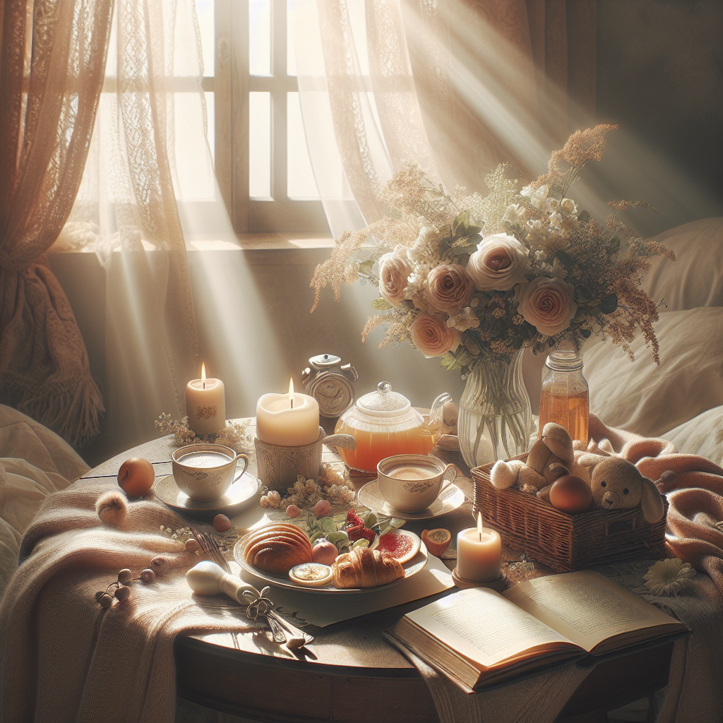 A tranquil good morning image of a lovingly arranged breakfast table for two with fresh flowers and sunlight streaming in.