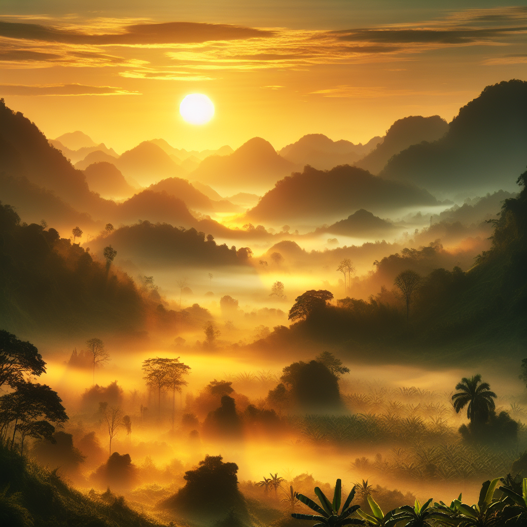 A lifelike, peaceful landscape at the break of dawn with a gentle mist rising from valleys, golden hues from the first rays, a perfect good morning image.