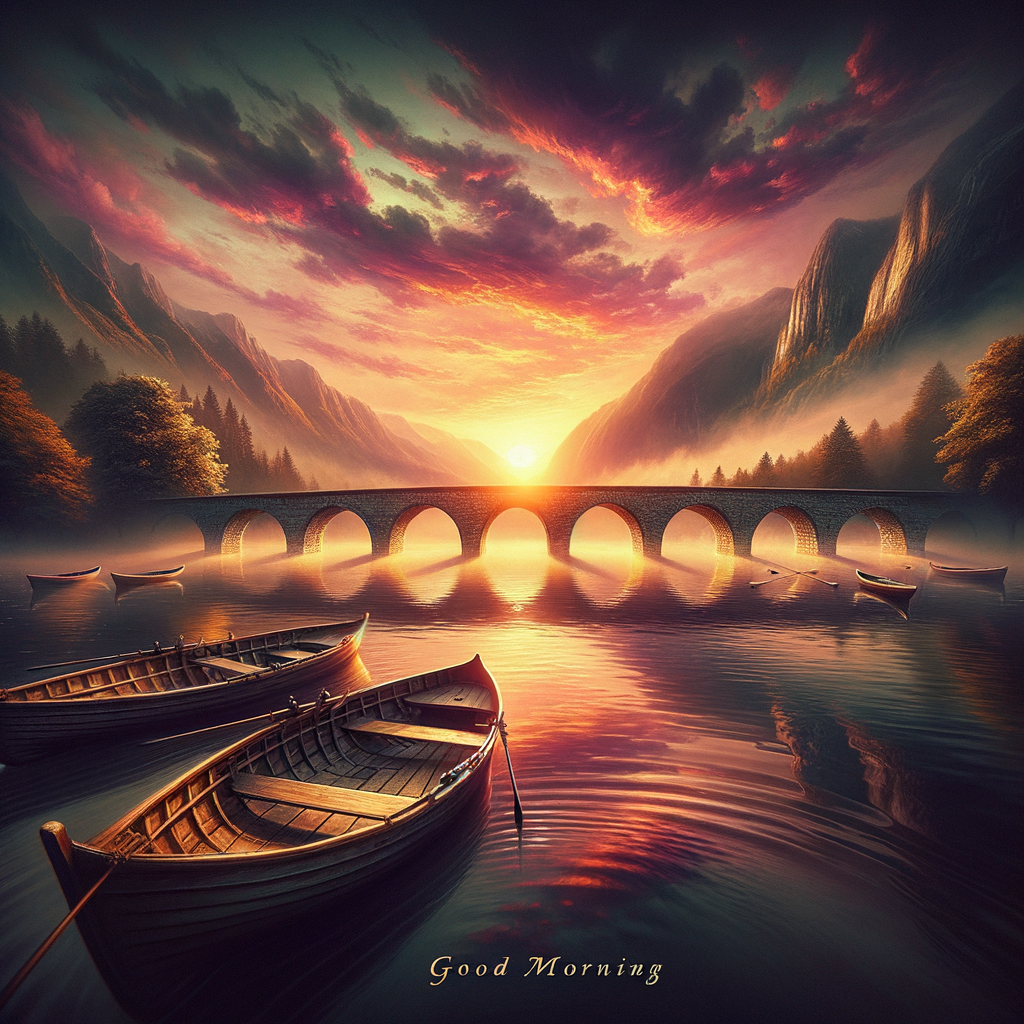 Romantic good morning image of sunrise over a calm lake with rowing boats and an inviting bridge.