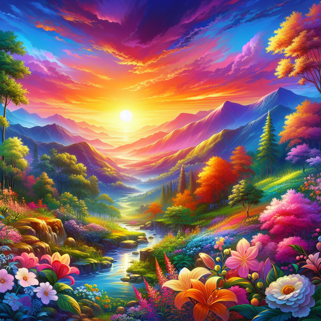 A good morning image of a pristine landscape with blooming flowers and a radiant sunrise over lush mountains