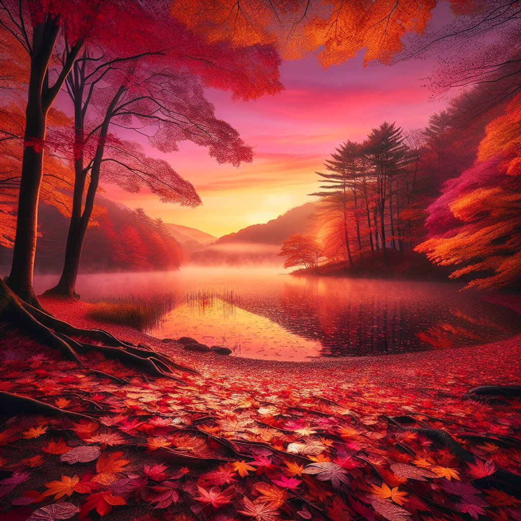 A serene good morning image capturing a misty lake at dawn, surrounded by trees with autumn leaves in fiery red, orange, and yellow hues.