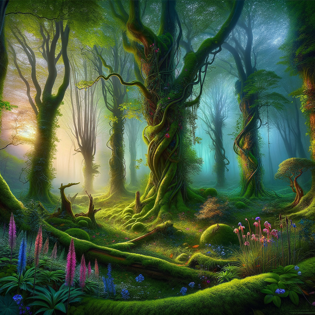 A serene good morning image portraying an enchanted forest with whispering trees, lush moss, and shimmering flowers.