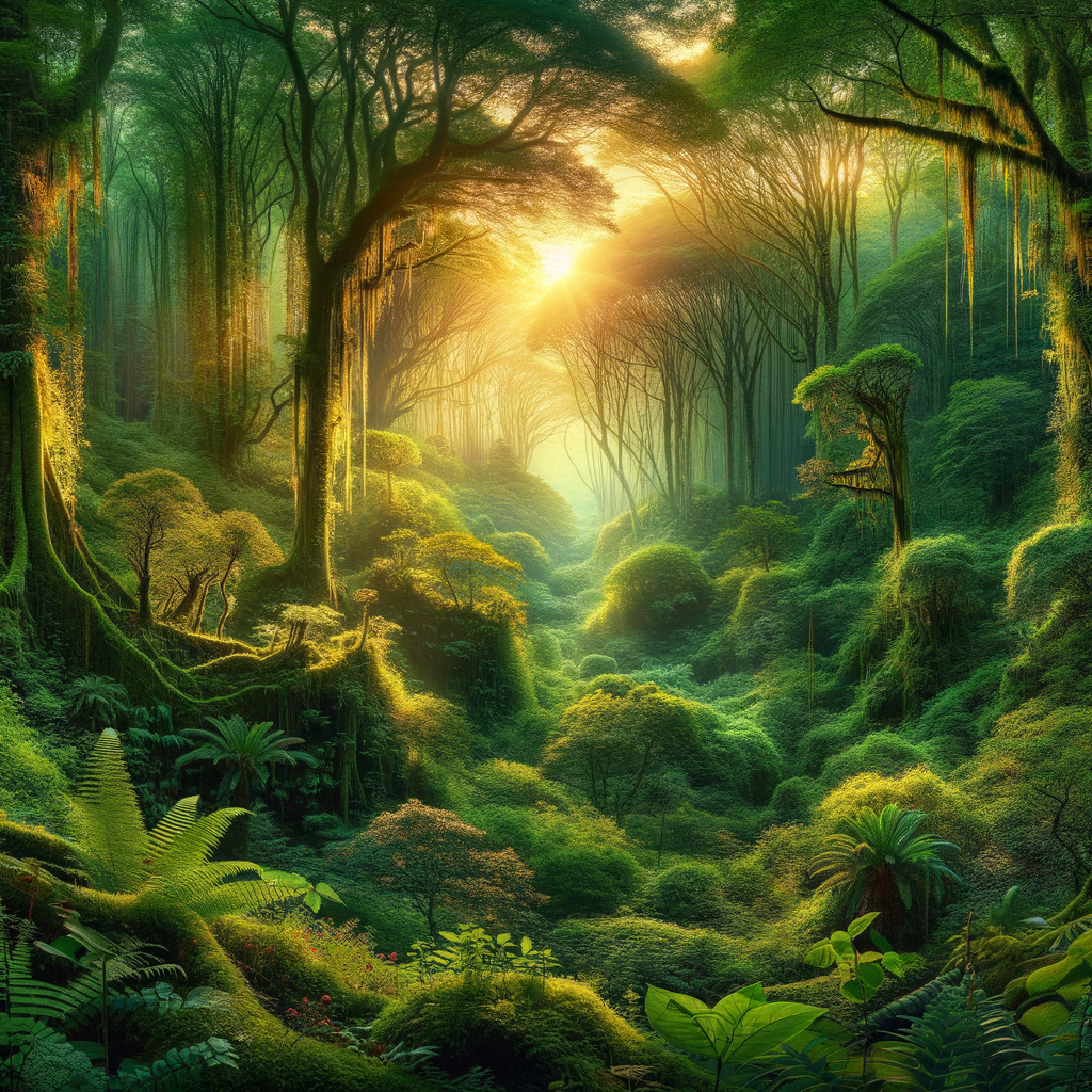 Serene good morning image of a vibrant verdant forest bathed in the early morning sun's golden rays.