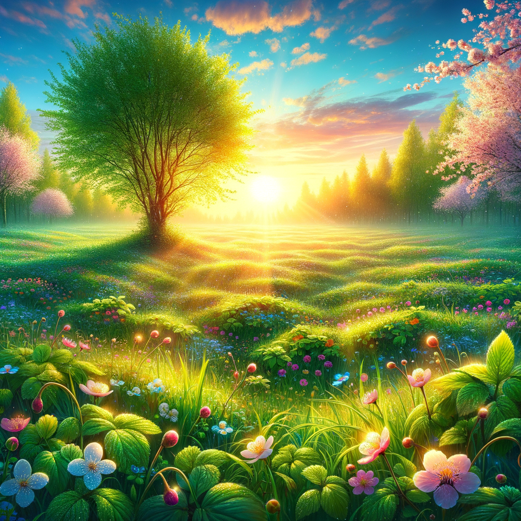 A vibrant spring morning landscape bathed in sunrise with colorful meadow flowers and greenery, good morning image.