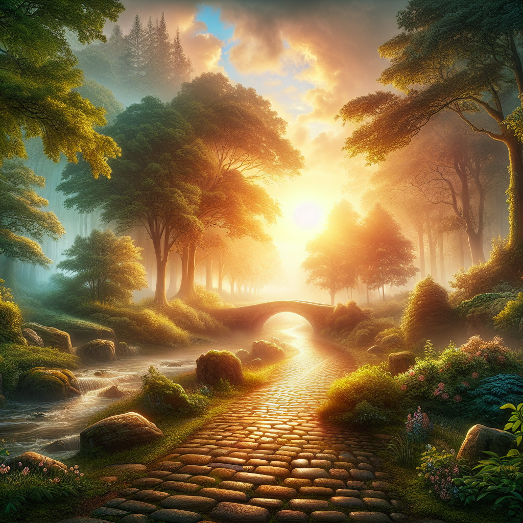 A good morning image of a sun-drenched landscape at dawn, featuring a lush forest, cobblestone path, and a stone bridge over a stream.