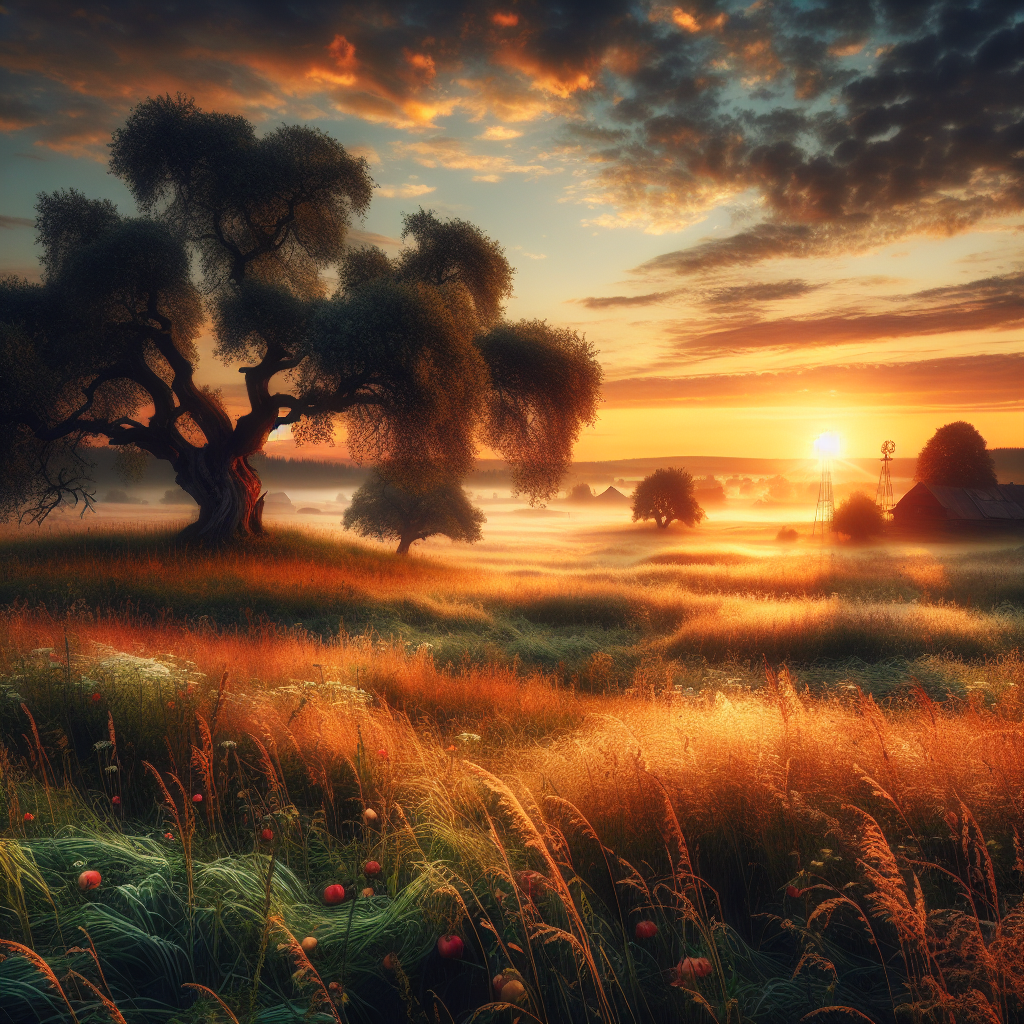 Tranquil countryside morning with sun rising over fields, wildflowers, and a distant farmhouse - a perfect good morning image.