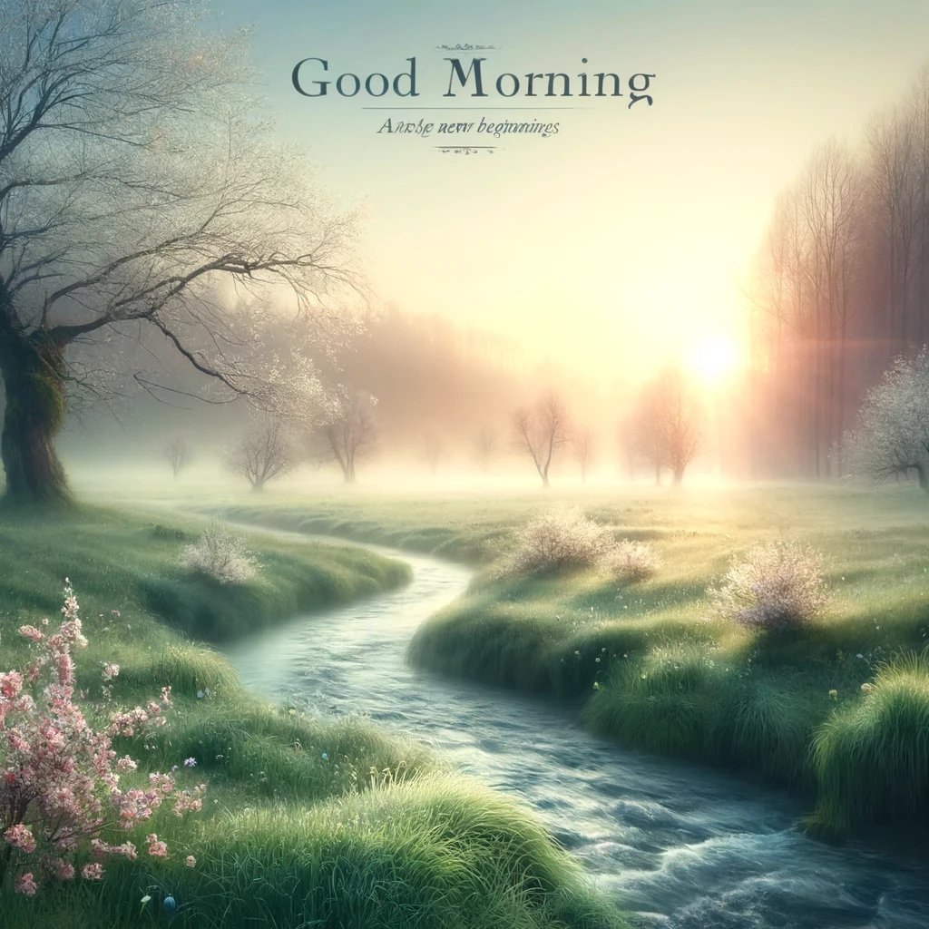 A tranquil spring morning scene with blossoming trees and a gentle stream, conveying freshness and promise, with text saying 'Good morning.'