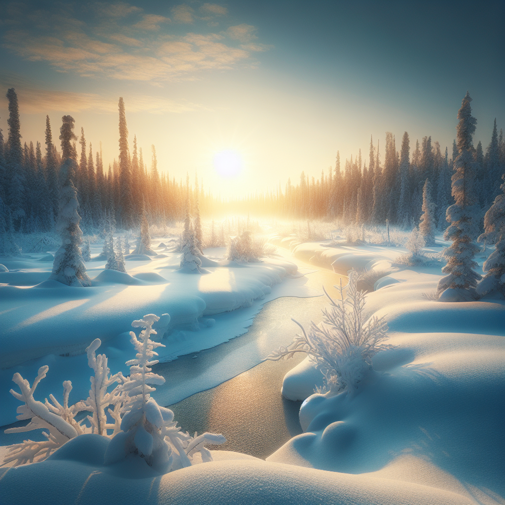 A tranquil winter morning with fresh snow under a light blue sky and the sunrise illuminating snow-laden trees and a frozen river, embodying a serene beginning.