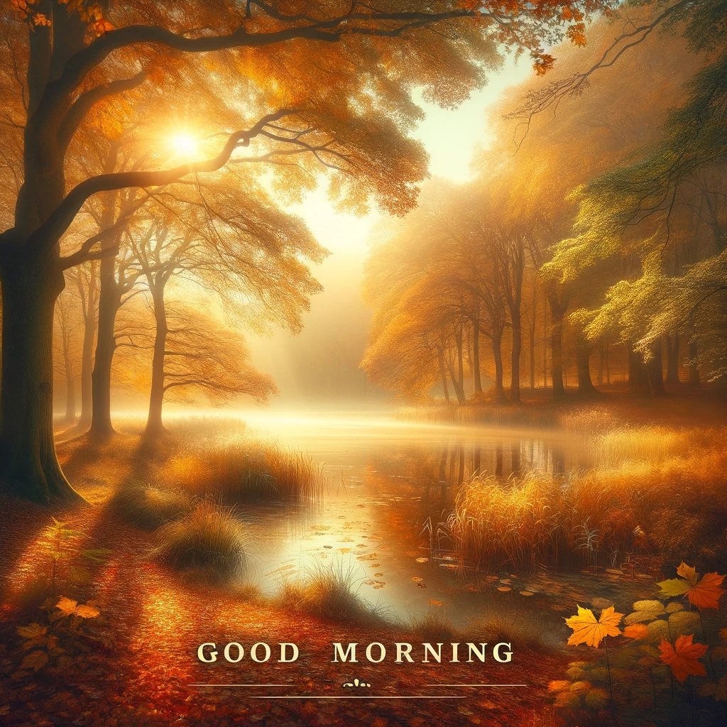 A tranquil autumn morning with golden leaves, soft sunlight, and mist over a calm lake, wishing you a 'Good morning'.