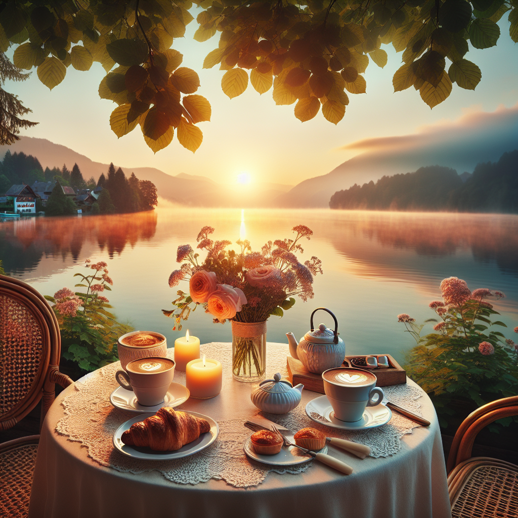 Good morning image of a charming café table for two, with warm coffee and croissants overlooking a serene lake at sunrise.