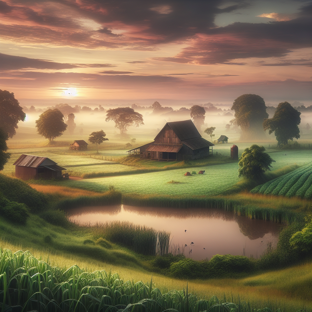 Serene morning view of peaceful farmlands with a rustic barn, tranquil pond, and lush fields under dawn's soft glow, devoid of any living beings.