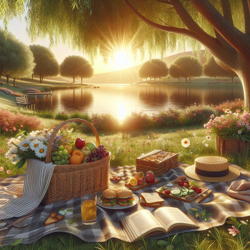 A serene morning landscape by a calm lake, with sunlight bathing blooming flowers, a picnic setup signaling a joyous summer.