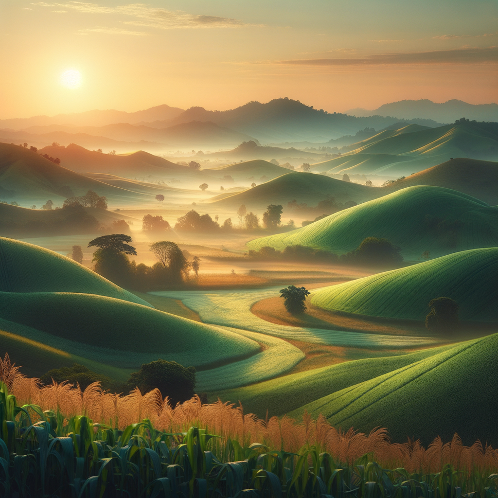 Serene countryside dawn with rolling hills, green fields, and soft sunshine creating beautiful shadows, good morning image.