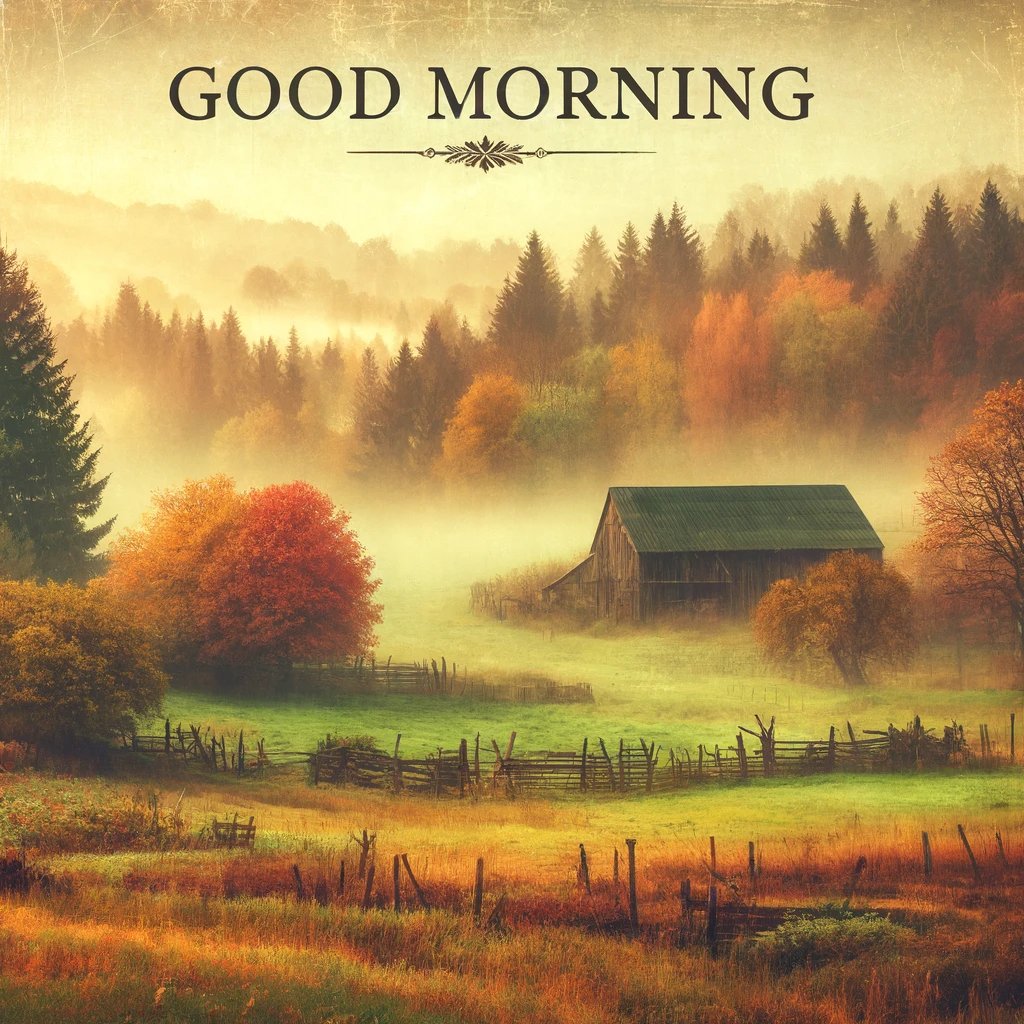 Rustic autumn scene with a tranquil field, colorful trees, a barn in the distance, and morning mist, captioned 'Good morning'.