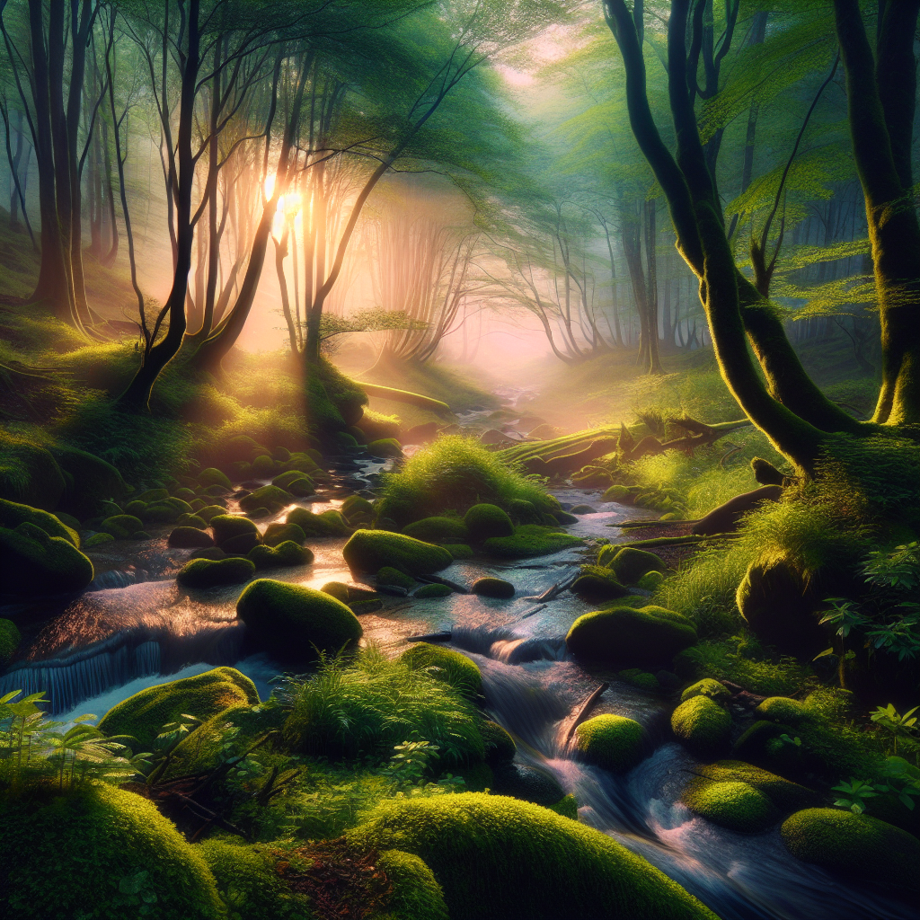 Mystifying wilderness of lush hills and trees in morning light, with a babbling brook, embodying a good morning image.