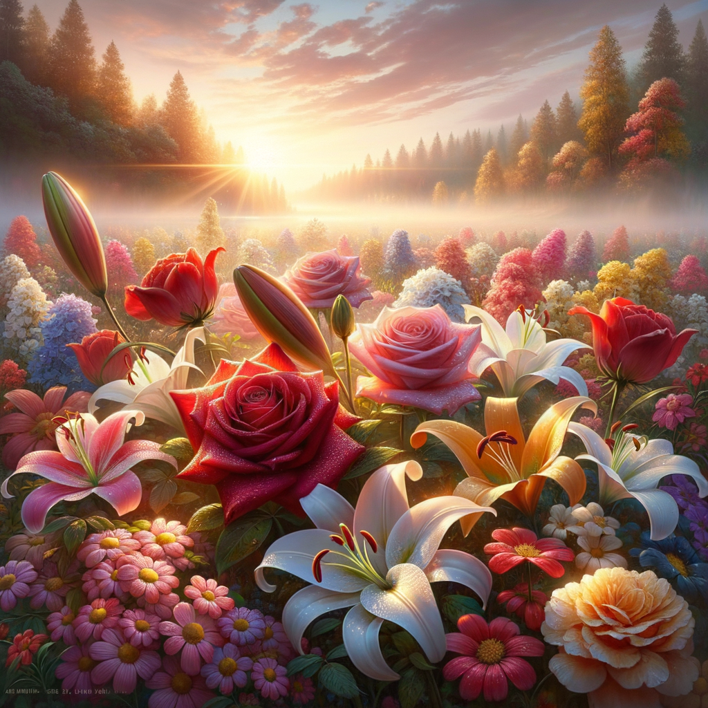 Serene good morning image showcasing a vibrant collection of roses, lilies, orchids, and tulips with morning dew.