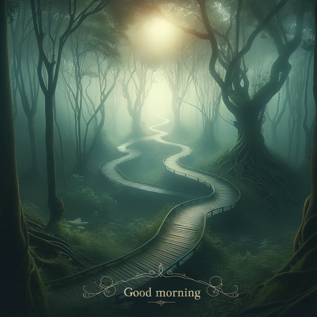 Serene good morning image of an enigmatic misty forest with winding paths suggesting hidden tales.