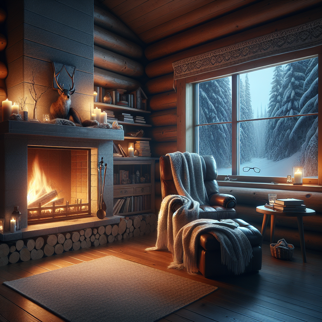 Cozy interior room image with a fireplace, books, and winter landscape - inspiring good morning image