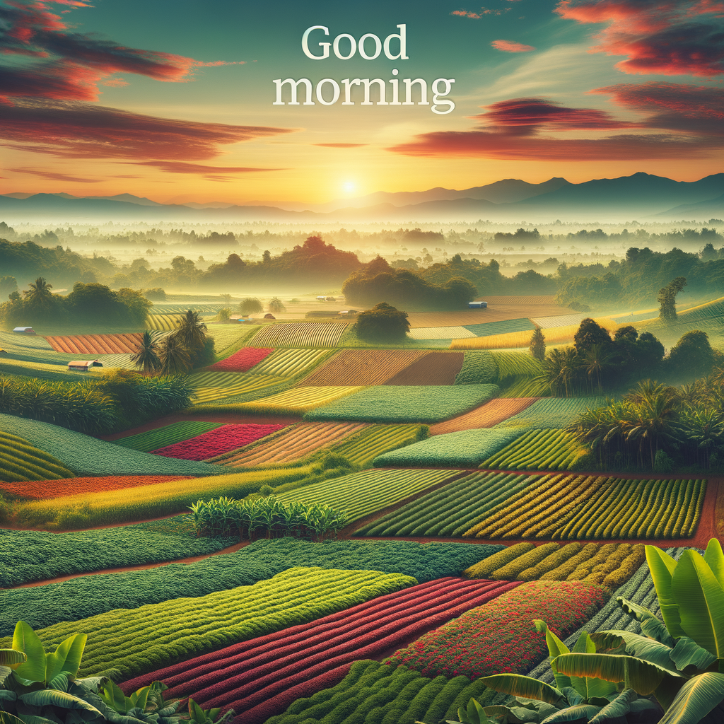 Tranquil dawn over vibrant crop fields, illustrating earth's abundance–a breathtaking good morning image.