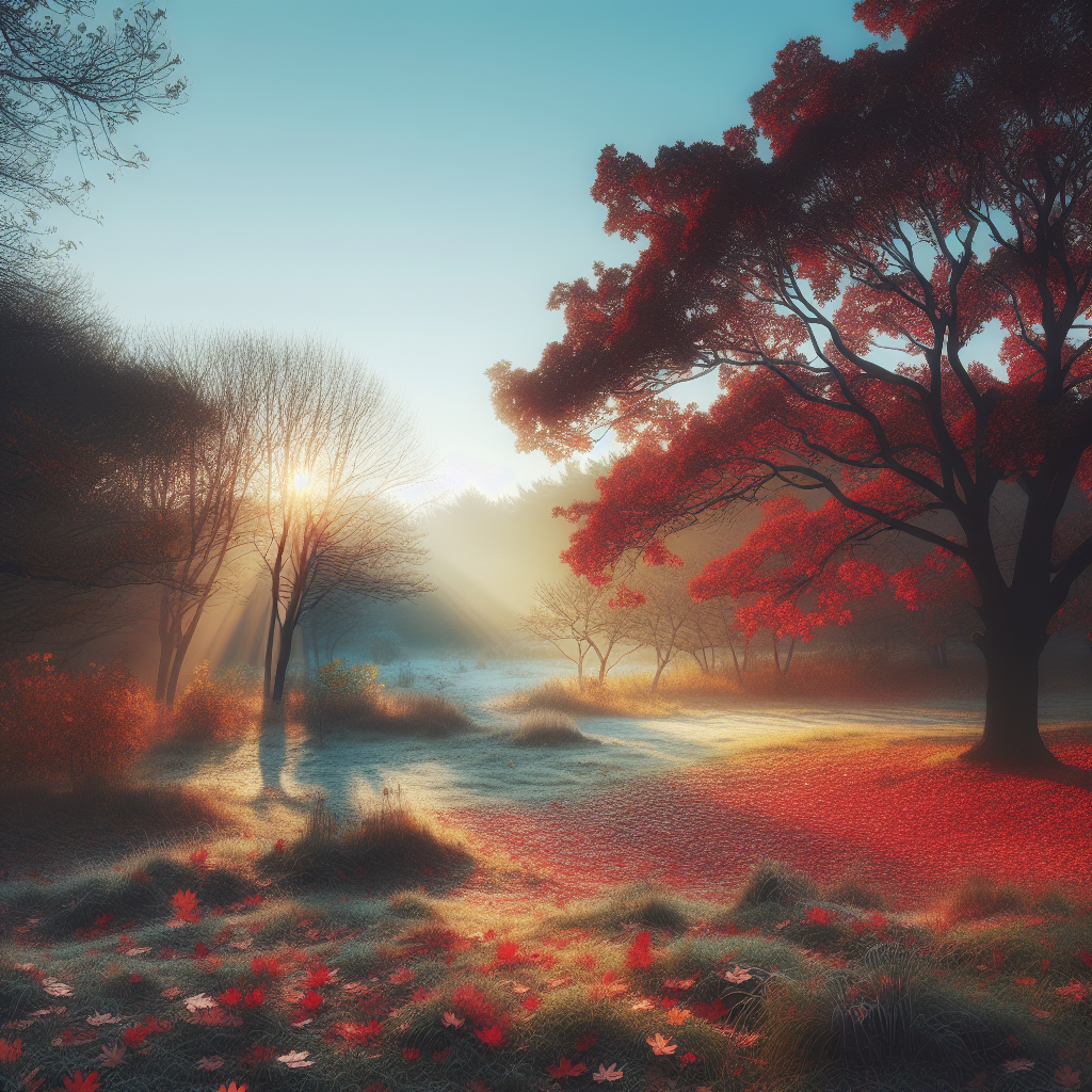 A serene autumn morning with red and orange leaves falling, a hint of frost, under a clear blue sky. Good morning image.