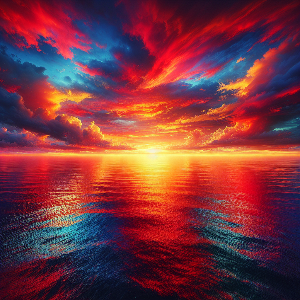 A serene good morning image of a sunrise over the ocean with splashes of red, orange, and yellow reflecting on the water.