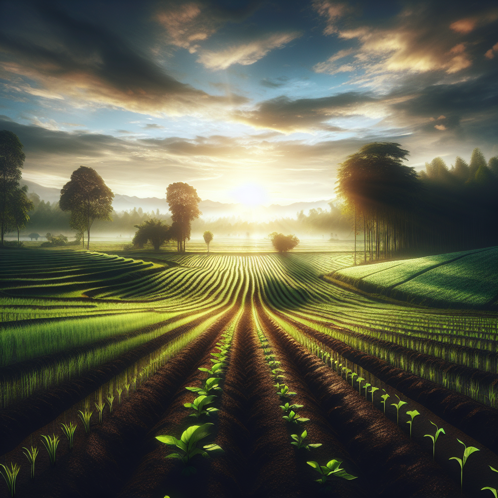 A fertile farm at dawn, with green fields, morning dew, and the first light of the sun - good morning image