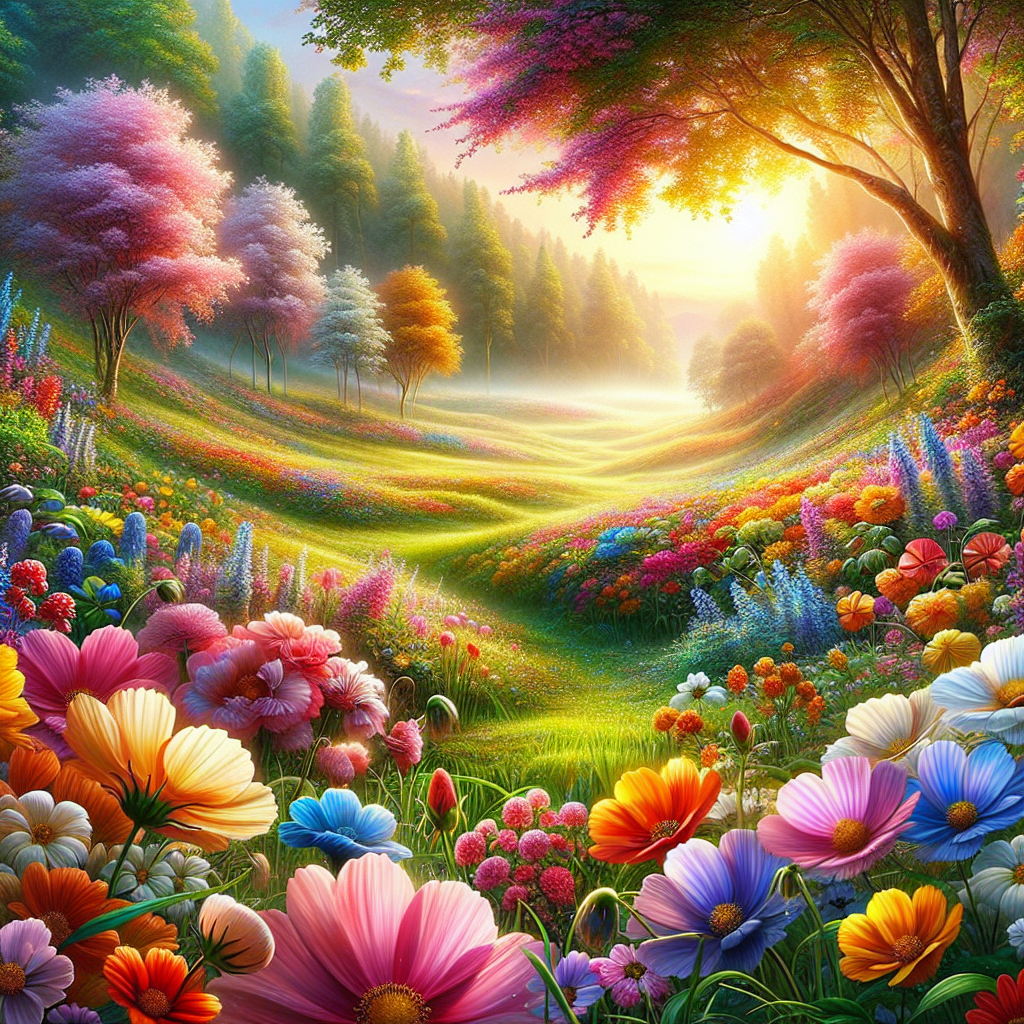 A vibrant and lush morning landscape filled with colorful flowers glistening with dew, a serene and cheerful good morning image.