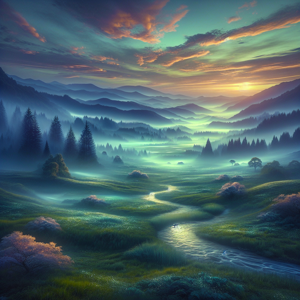 A captivating good morning image featuring a photorealistic nature scene at dawn with glistening dew, mist, streams, trees, and meadows.