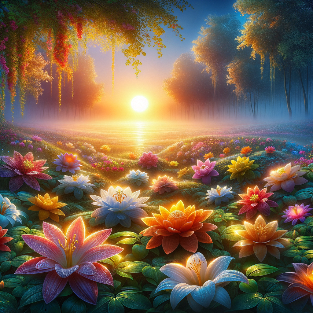 A serene good morning image of vibrant flowers, dew-kissed under the first blush of sunrise, evoking calm and happiness.