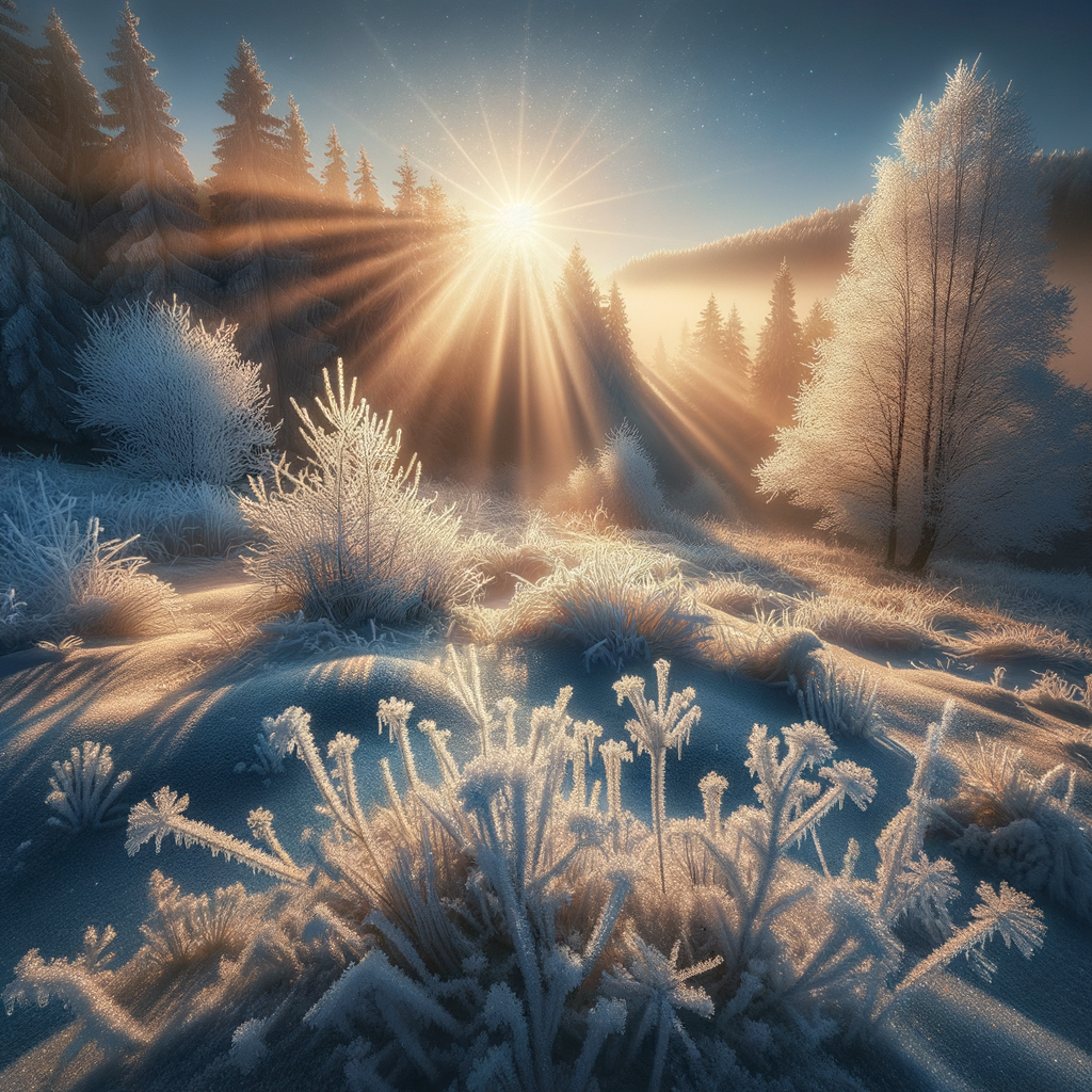 Dazzling winter landscape under a gentle sun, frost-kissed trees, and a pristine ground sparkling as a good morning image.