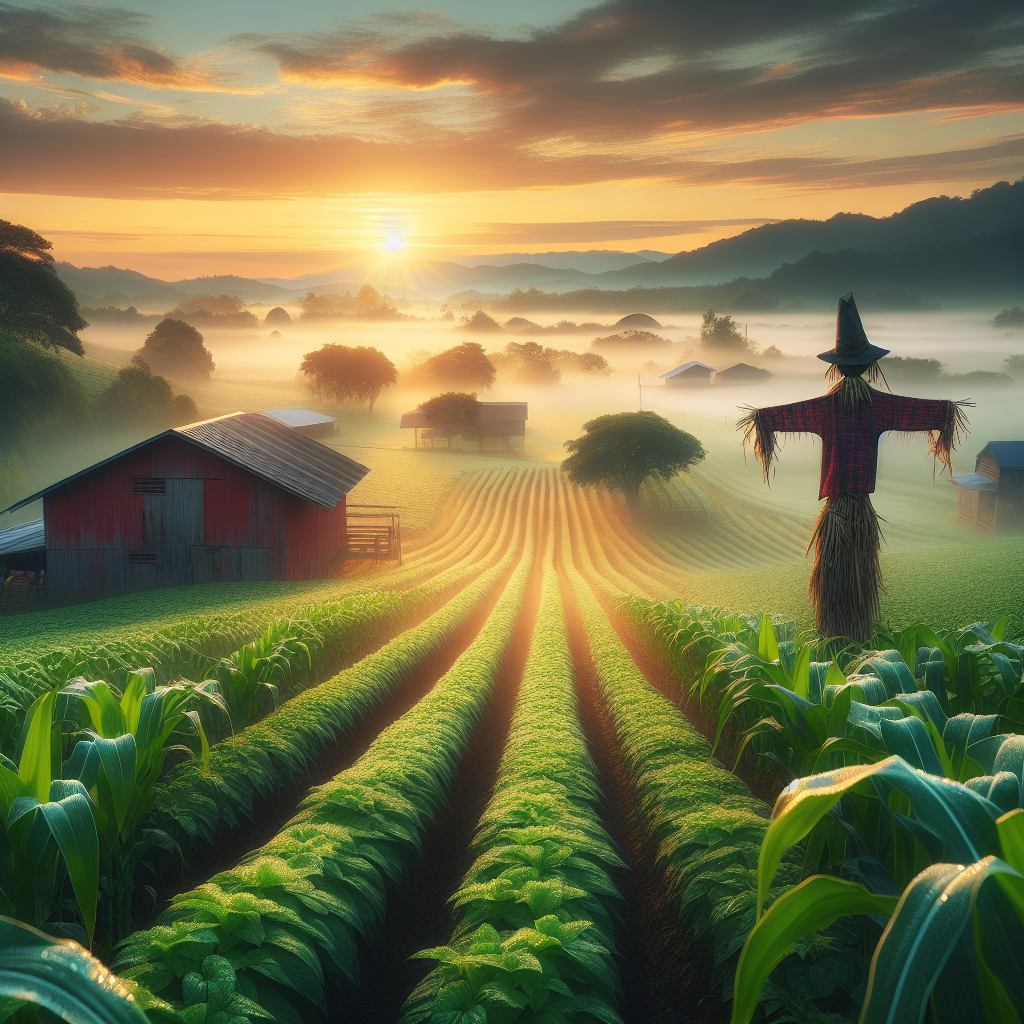 Serene farm morning with a rustic barn and a towering scarecrow, the dawn's golden light illuminating dewy leaves, good morning image.