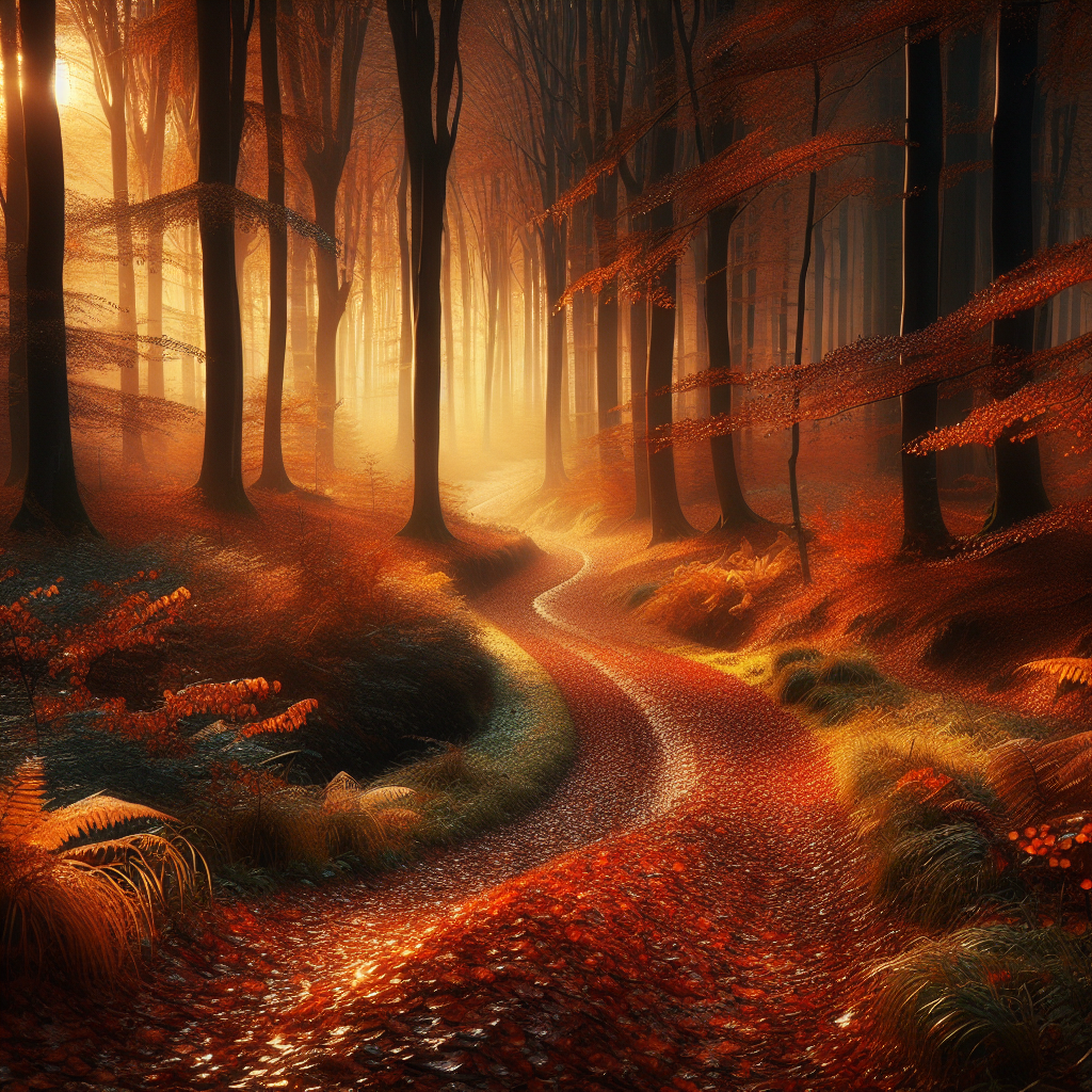 A serene good morning image of an autumn forest morning with vibrant leaves and a winding lane.