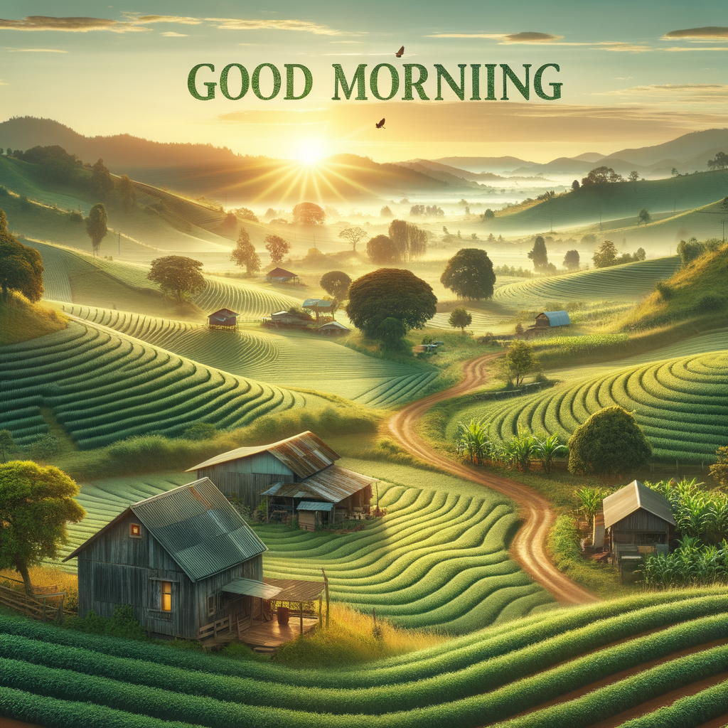 A serene farm at dawn with a soft glow of sunrise casting light on fields, with the words 'Good morning'.