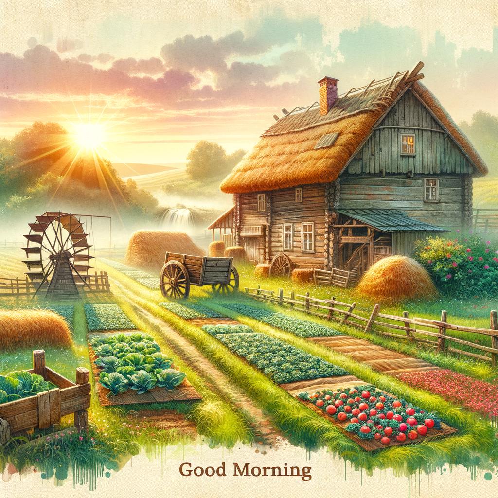 A rustic wooden farmhouse surrounded by lush fields and a mystical morning mist, with a good morning image.