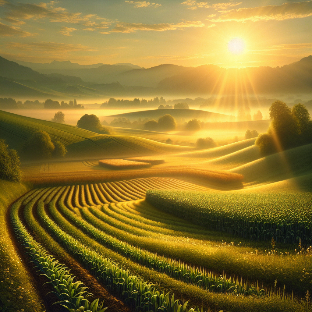 A tranquil morning scene on a sun-kissed farm, with lush fields under a soft golden sunrise, embodying serenity and optimism.