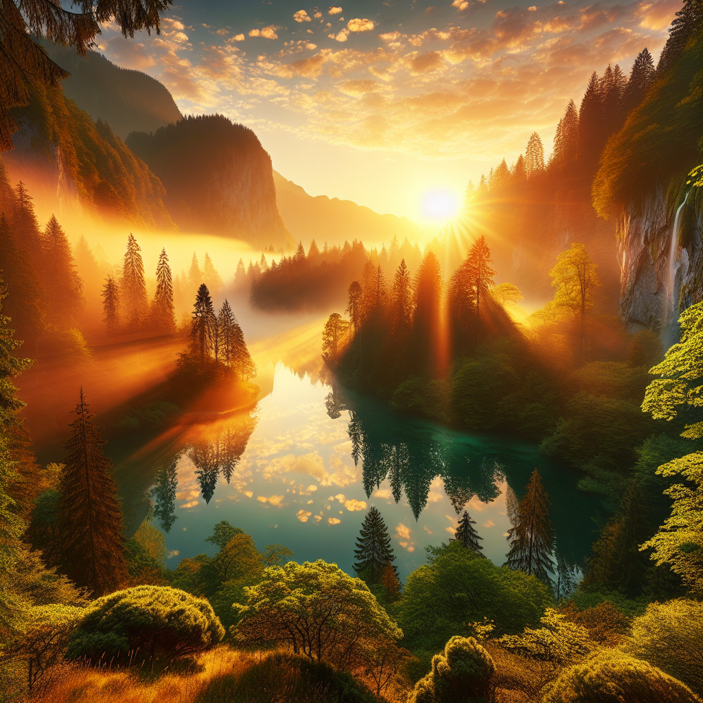 Serene and misty dawn over a reflective lake, surrounded by vibrant greenery and a golden waterfall, good morning image