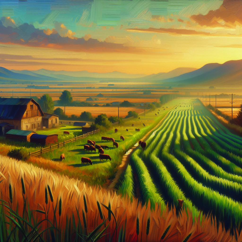 A serene countryside at dawn, vibrant and peaceful with dew-kissed crops under a soft morning light, embodying a perfect good morning image.