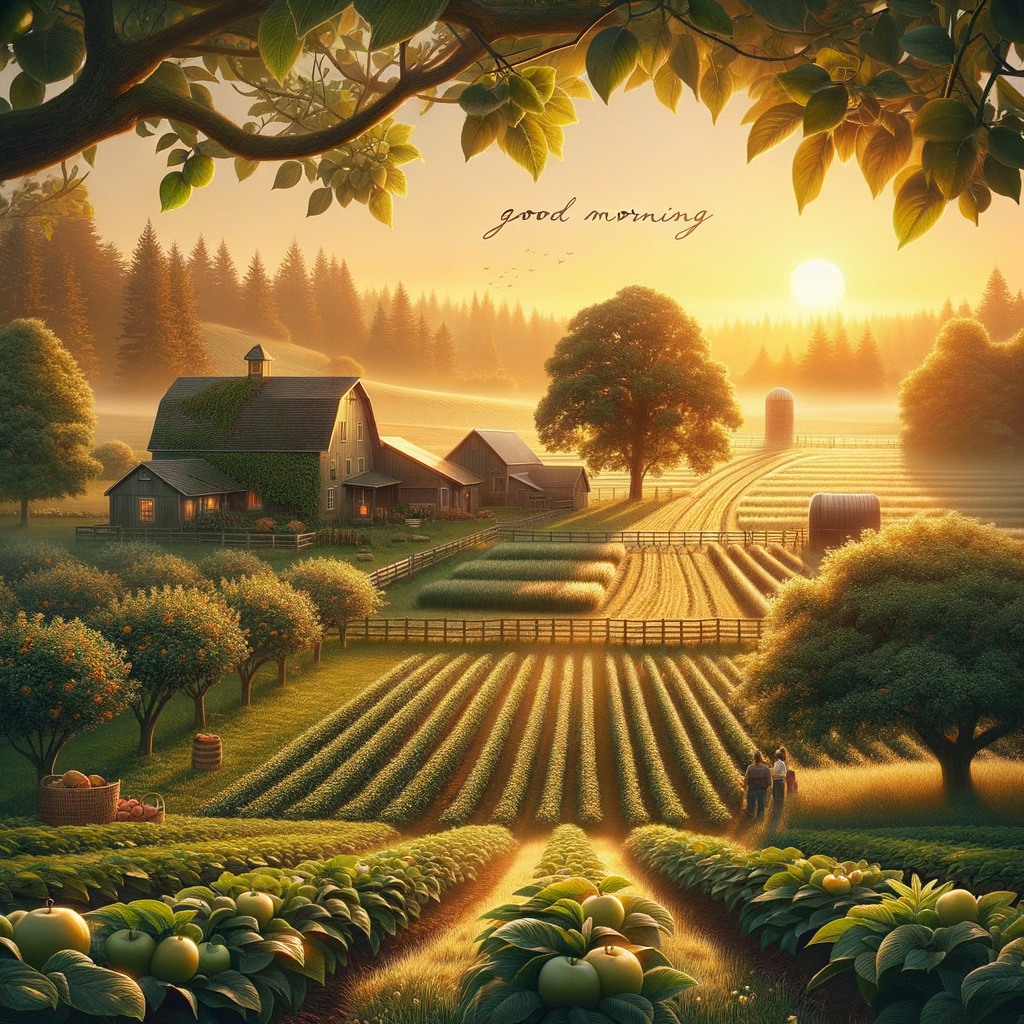 A good morning image of a farm at sunrise, with sunlight bathing dew-covered crops and a farmhouse in the distance.