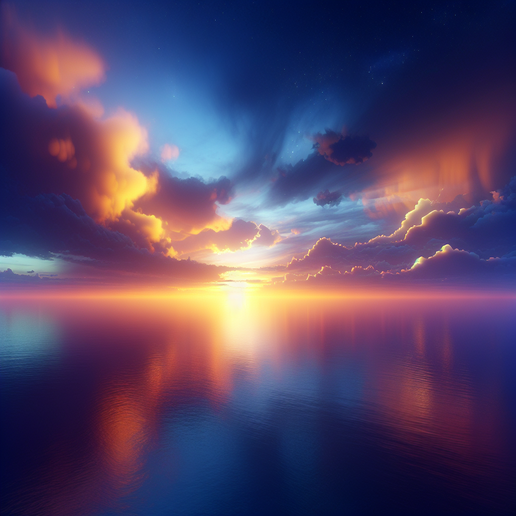 Serene oceanic dawn landscape depicting the calming waters merging with the awakening sky in a tranquil good morning image.