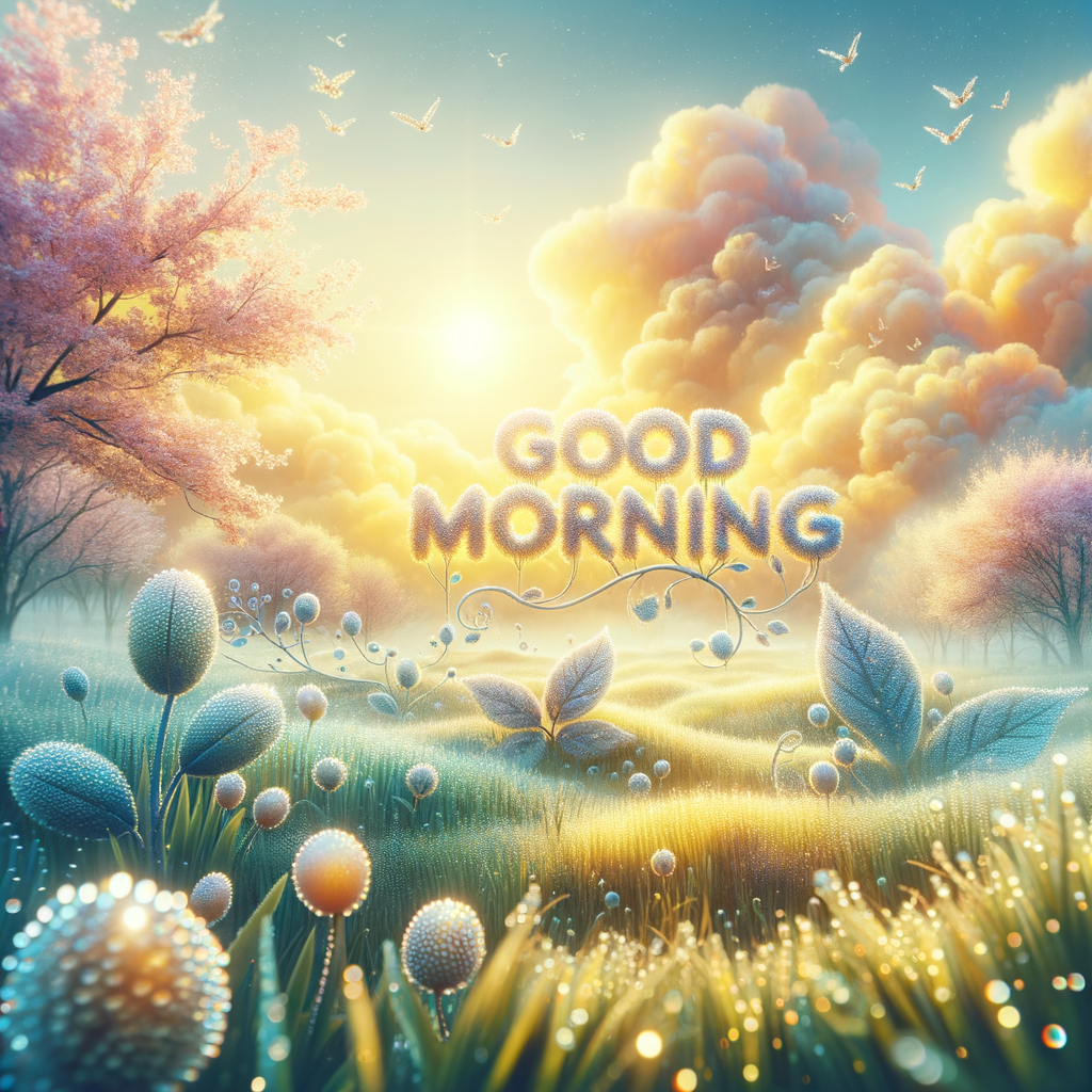 A serene good morning image capturing the essence of dawn with dew-kissed flora under a sky adorned with a gentle 'Good Morning' in cloud script.