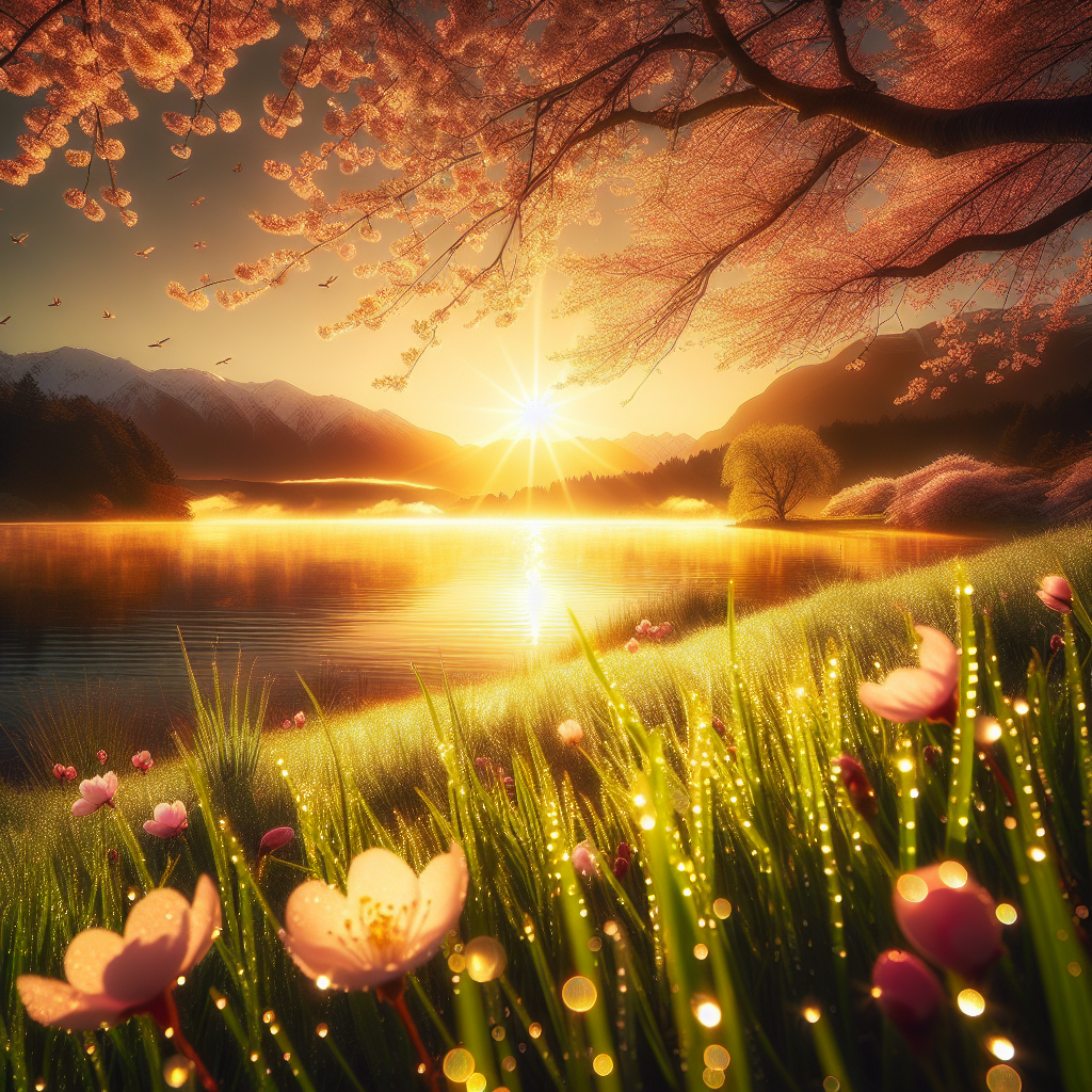 A soothing good morning image of a calm lake, radiant grass, blooming cherry blossoms under a vibrant sunrise, with distant snow-capped mountains.