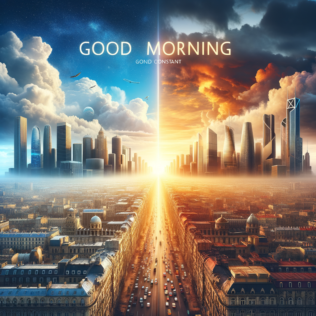 A good morning image showing a historical cityscape merging with a futuristic skyline, divided by a sunrise.