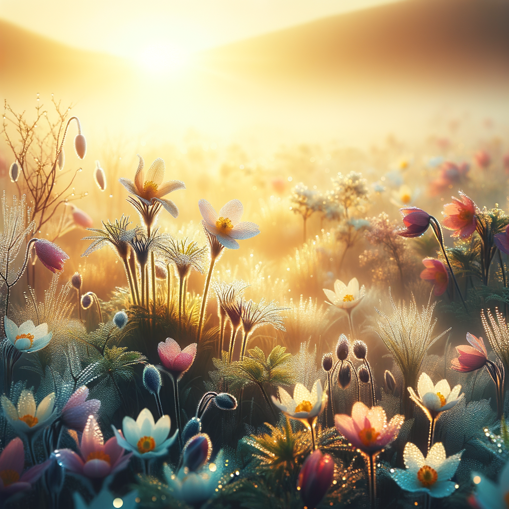 Tranquil morning scene with the sun's golden glow on diverse blossoming flowers and glistening dewdrops.