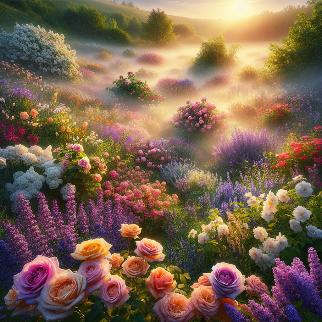 An inspiring good morning image showcasing a radiant meadow filled with roses, lavender, jasmine, and lilac under the fresh early morning sunlight.