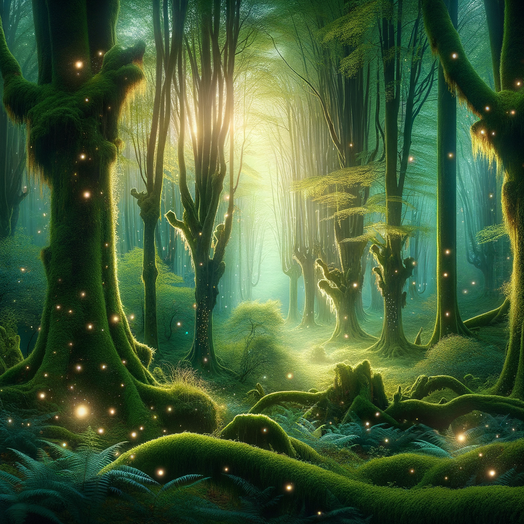 An enchanting and serene forest in morning light with the phrase 'Good morning' subtly included.