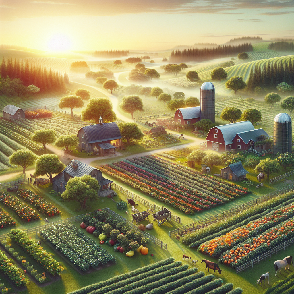 An idyllic farm at dawn with lush fields, colorful vegetables, and fruit orchards, embodying a tranquil good morning image.